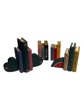 Wood Book Set Vintage Miniature With Watermelon & Heart Bookends Dollhouse Tole